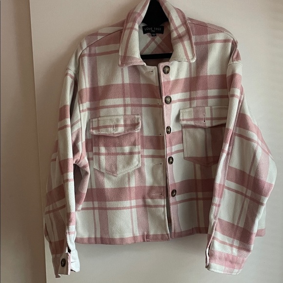 Love Tree Jackets & Blazers - Fall Flannel Women's Pink and Cream Plaid Utility Jacket Size L